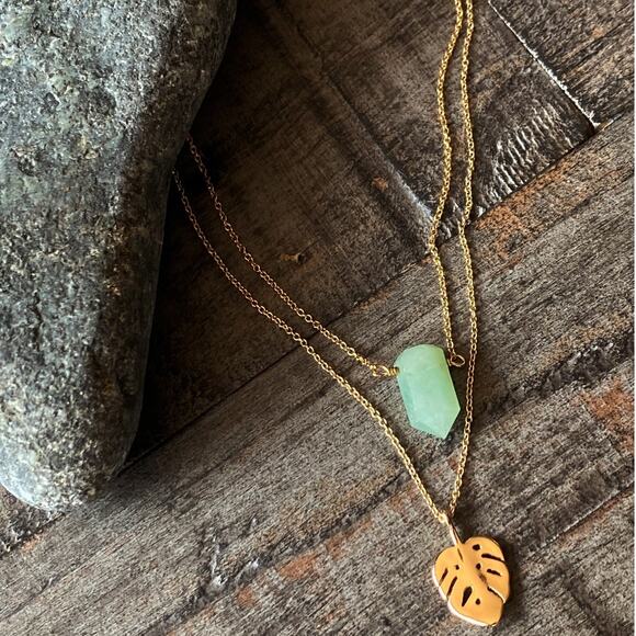 NEW Free People x Luna Norte Green Aventurine & Leaf Layer Necklace - Picture 12 of 15